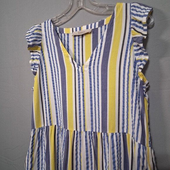Loft Womens XS Dress White Blue Yellow Stripes Ruffle Sleeve Above Knee Pockets - Picture 1 of 12